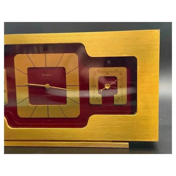 Vintage Swiss Gold Brass Neiman Marcus Mantel Clock - Berometer & Thermometer - Picture 3 of 9